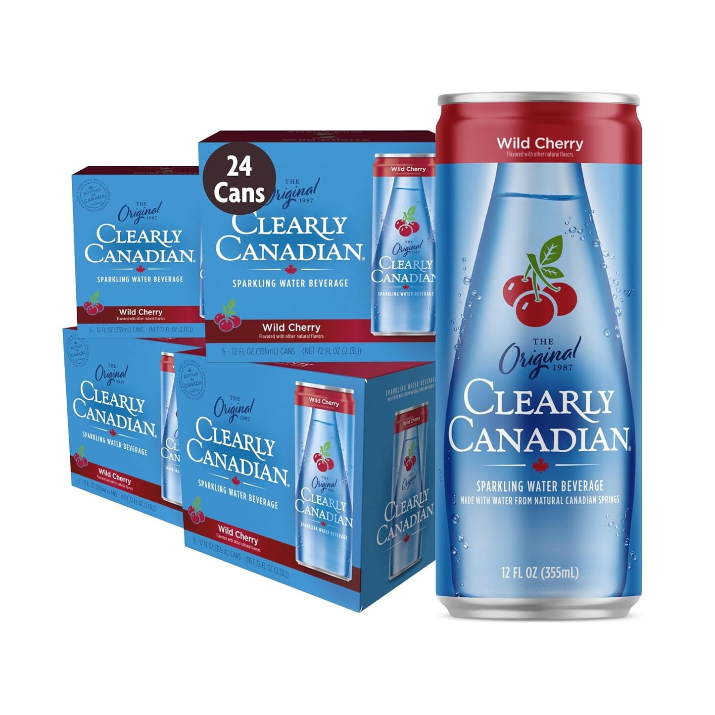 Clearly Canadian Wild Cherry Sparkling Spring Water Beverage, Natural & Carbonated, Flavored Seltzer Water, 1 Case (24 cans x 12 fl oz)