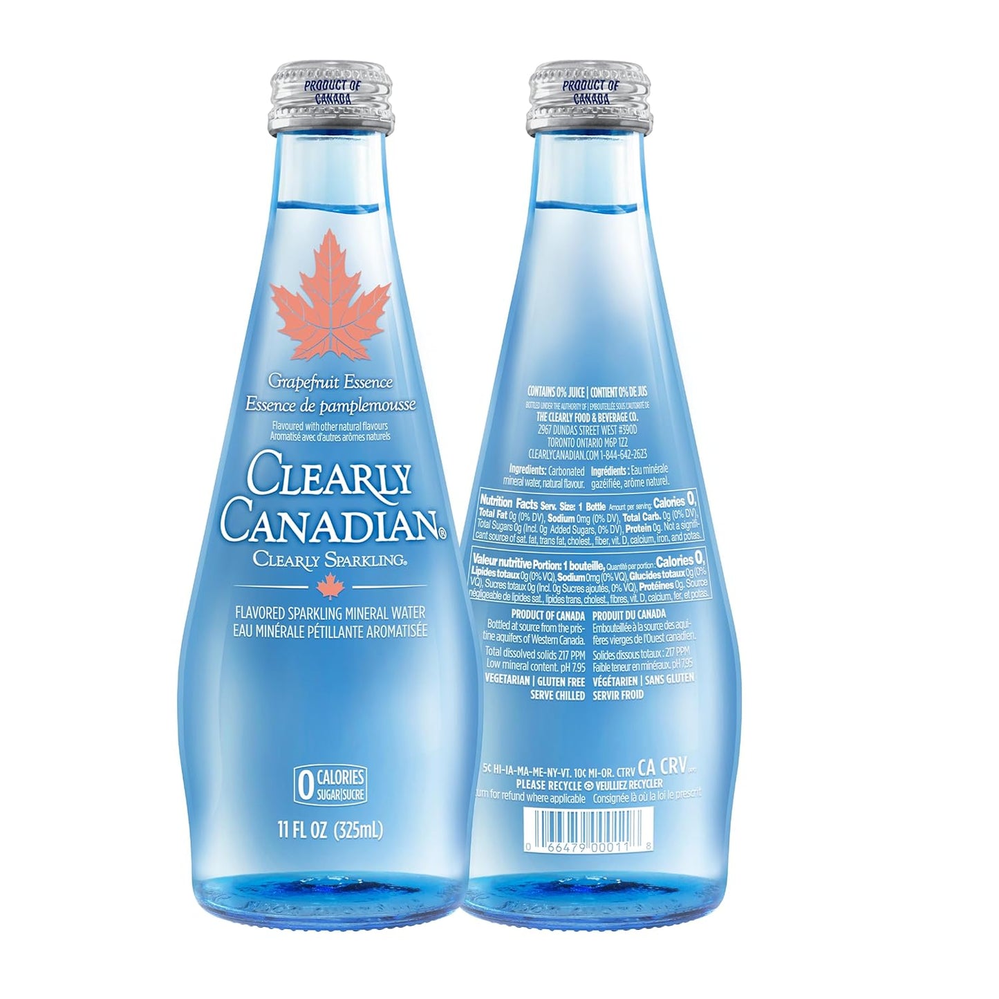 Clearly Canadian Clearly Sparkling Grapefruit Essence Unsweetened Flavored Sparkling Mineral Water, Zero Sugar & Zero Calories, 1 Case (12 Bottles x 325mL)