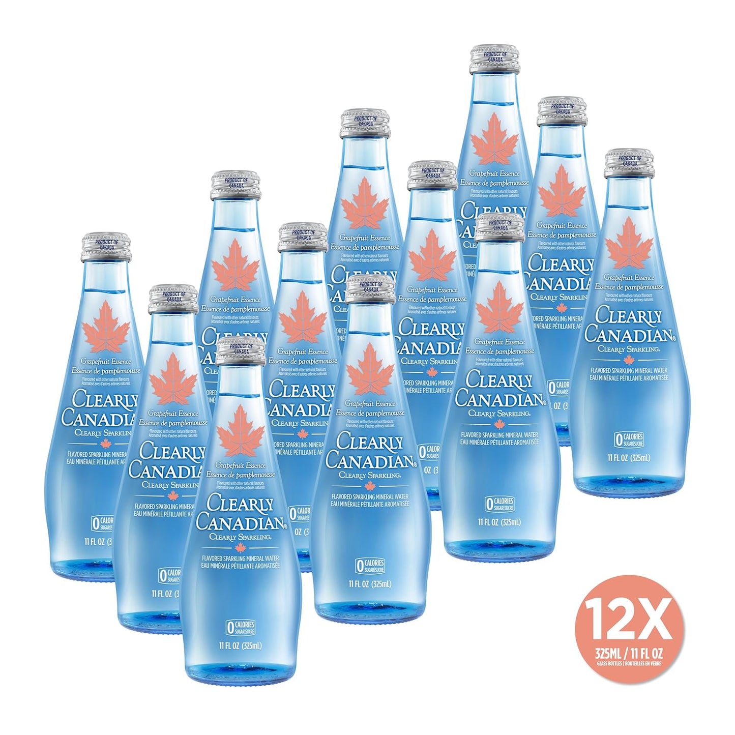 Clearly Canadian Clearly Sparkling Grapefruit Essence Unsweetened Flavored Sparkling Mineral Water, Zero Sugar & Zero Calories, 1 Case (12 Bottles x 325mL)