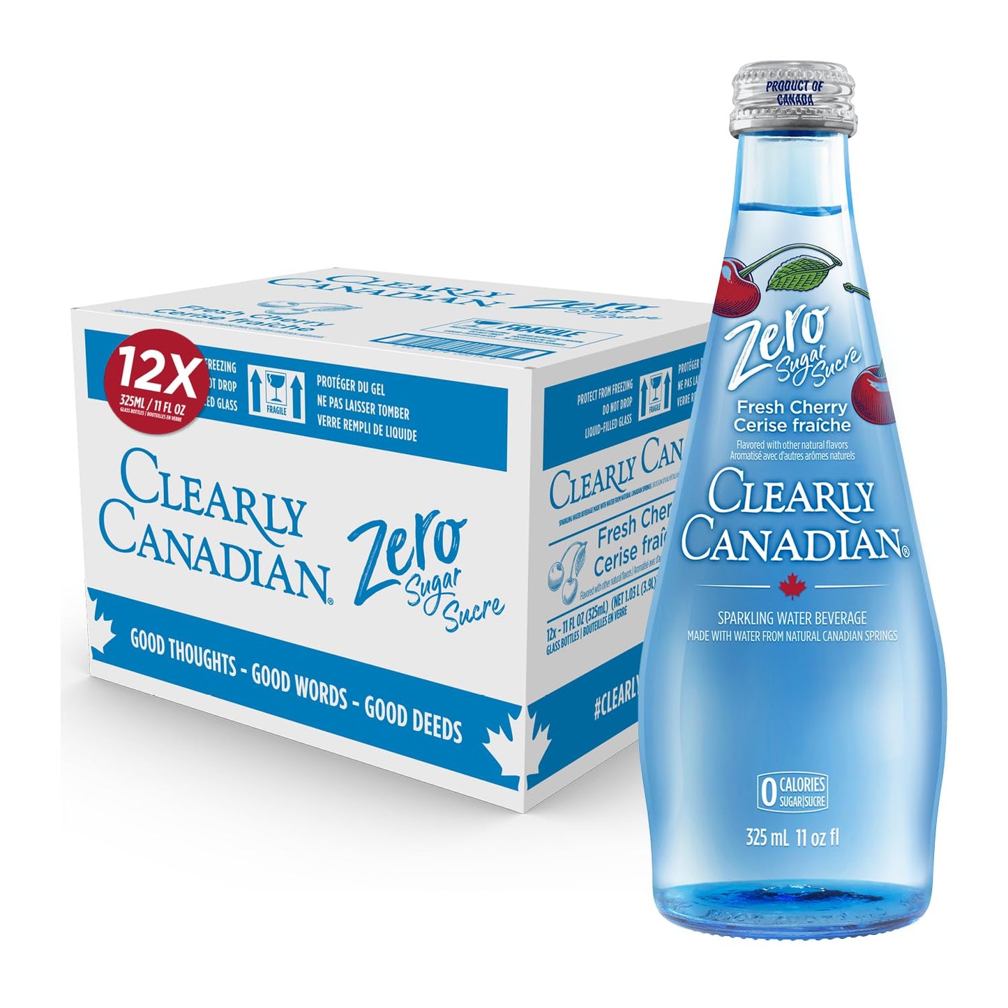 Clearly Canadian Zero Sugar Fresh Cherry Sparkling Water Beverage, Zero Sugar & Zero Calories, 1 Case (12 Bottles x 325mL)