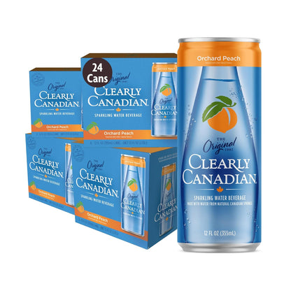 Clearly Canadian Orchard Peach Sparkling Spring Water Beverage, Natural & Carbonated, Flavored Seltzer Water, 1 Case (24 cans x 12 fl oz)