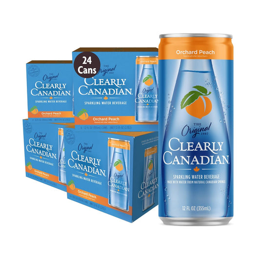 Clearly Canadian Orchard Peach Sparkling Spring Water Beverage, Natural & Carbonated, Flavored Seltzer Water, 1 Case (24 cans x 12 fl oz)
