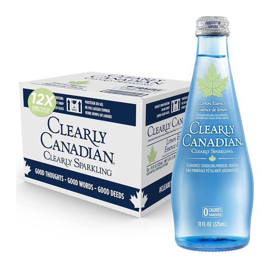 Clearly Canadian Clearly Sparkling Limon Essence Unsweetened Flavored Sparkling Mineral Water, Zero Sugar & Zero Calories, 1 Case (12 Bottles x 325mL)